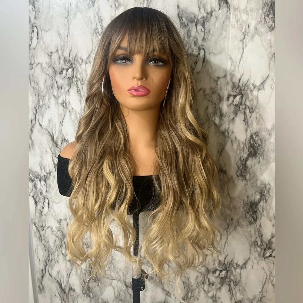 24 Inch Ombre Brown Rooted & Blonde highlights Wavy Hair with bangs  Lon… - Picture 2 of 11